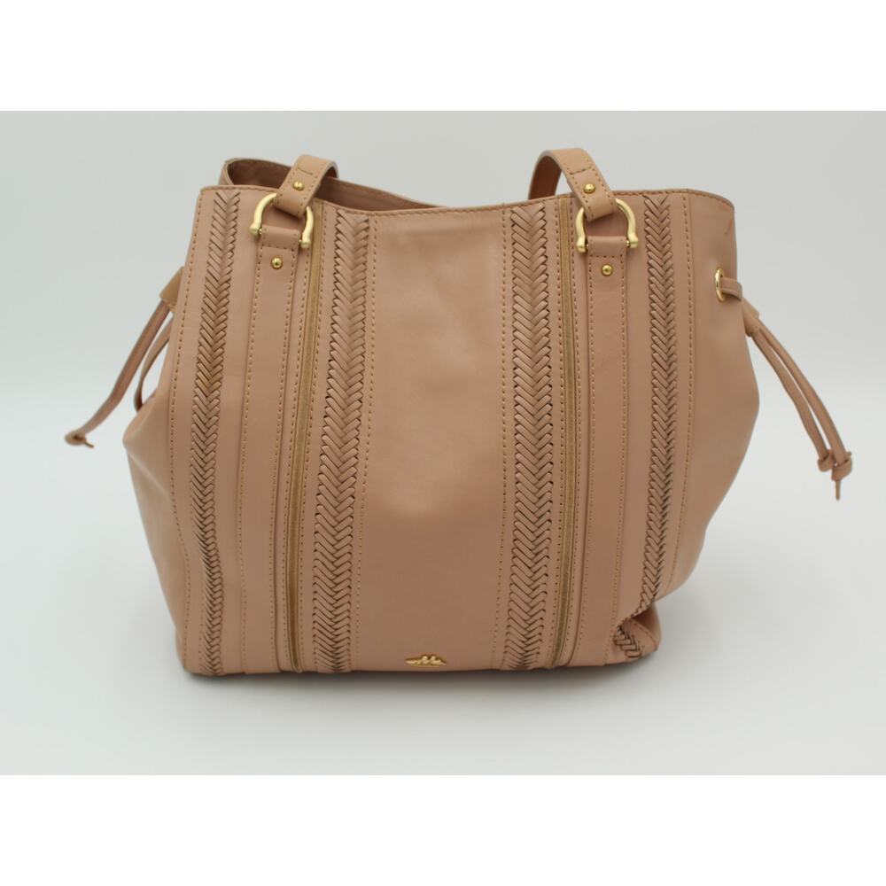 Brahmin Leather Tote Bag Taupe Whipstitch Shoulder Purse Boho Western Coastal